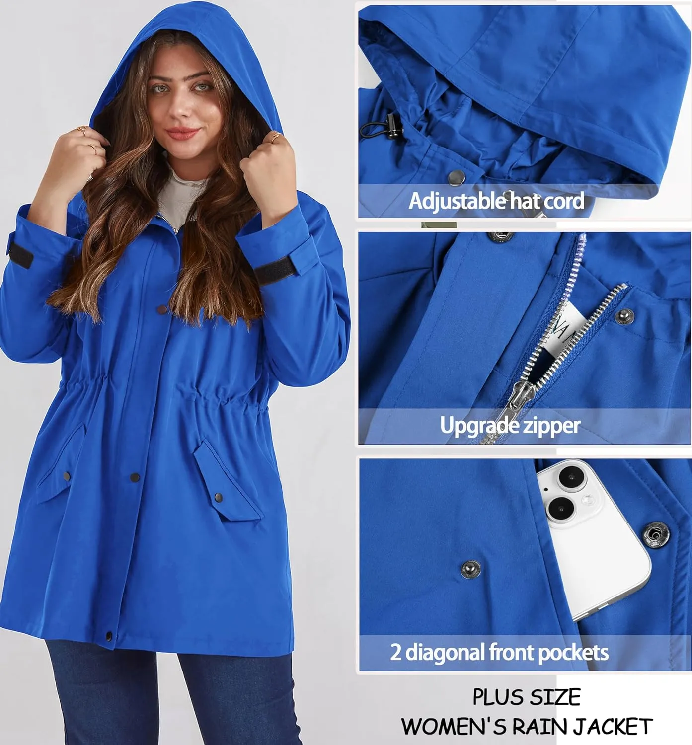 Hanna Nikole Women's Plus Size Waterproof Raincoat Lightweight Windbreaker Hooded Jacket with Pockets