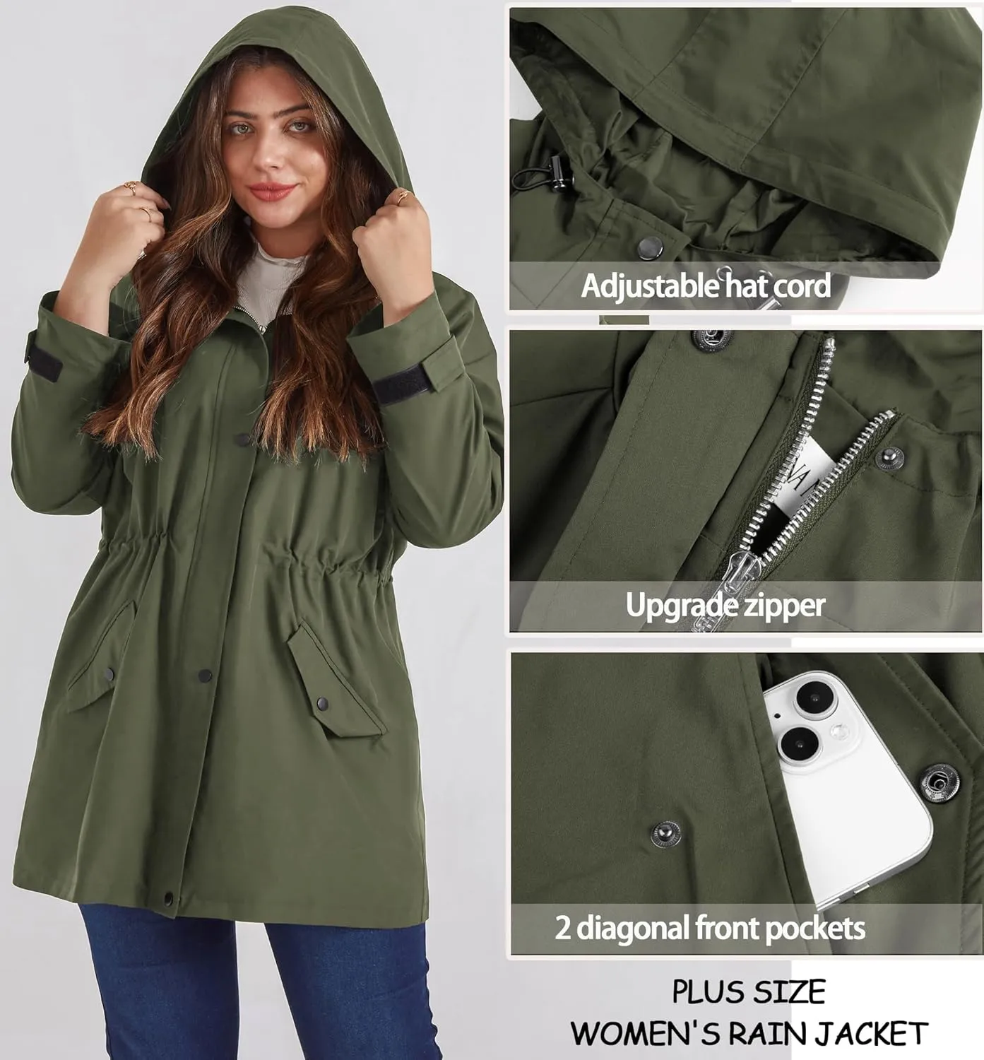 Hanna Nikole Women's Plus Size Waterproof Raincoat Lightweight Windbreaker Hooded Jacket with Pockets