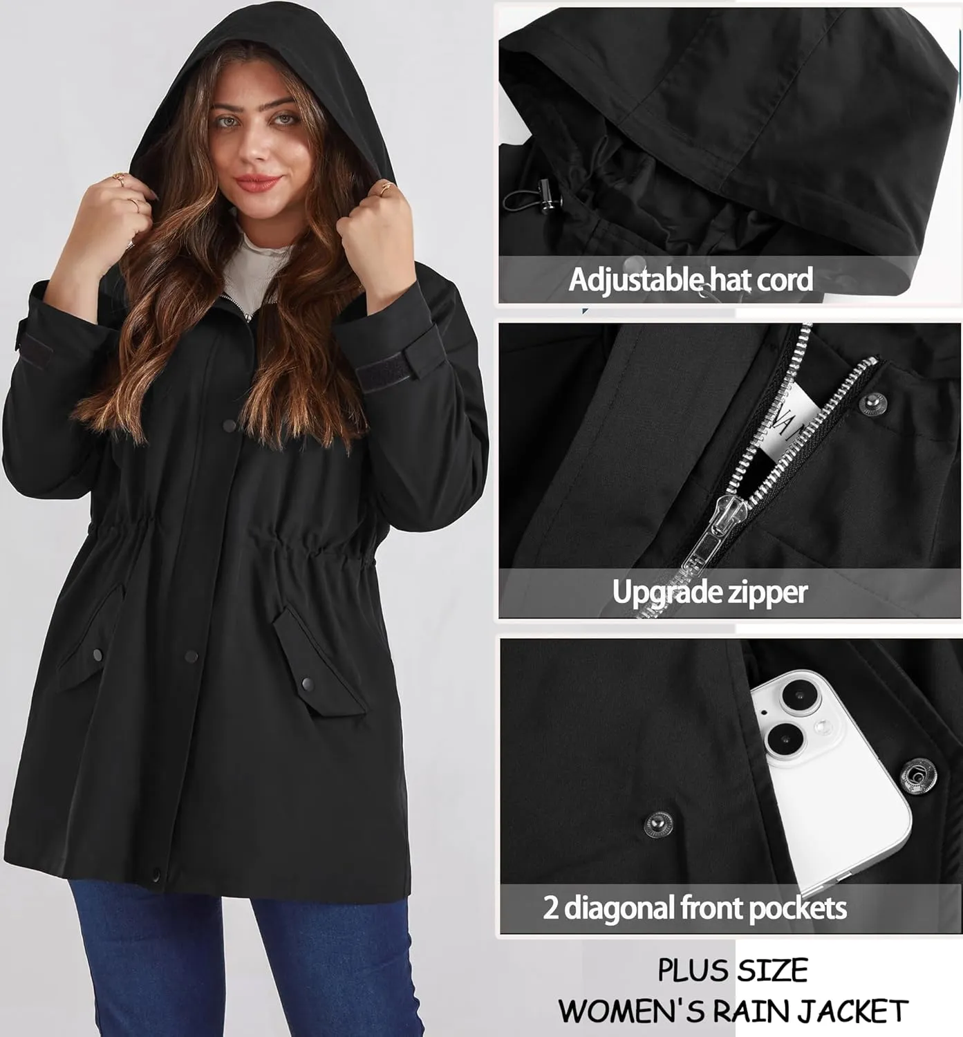 Hanna Nikole Women's Plus Size Waterproof Raincoat Lightweight Windbreaker Hooded Jacket with Pockets