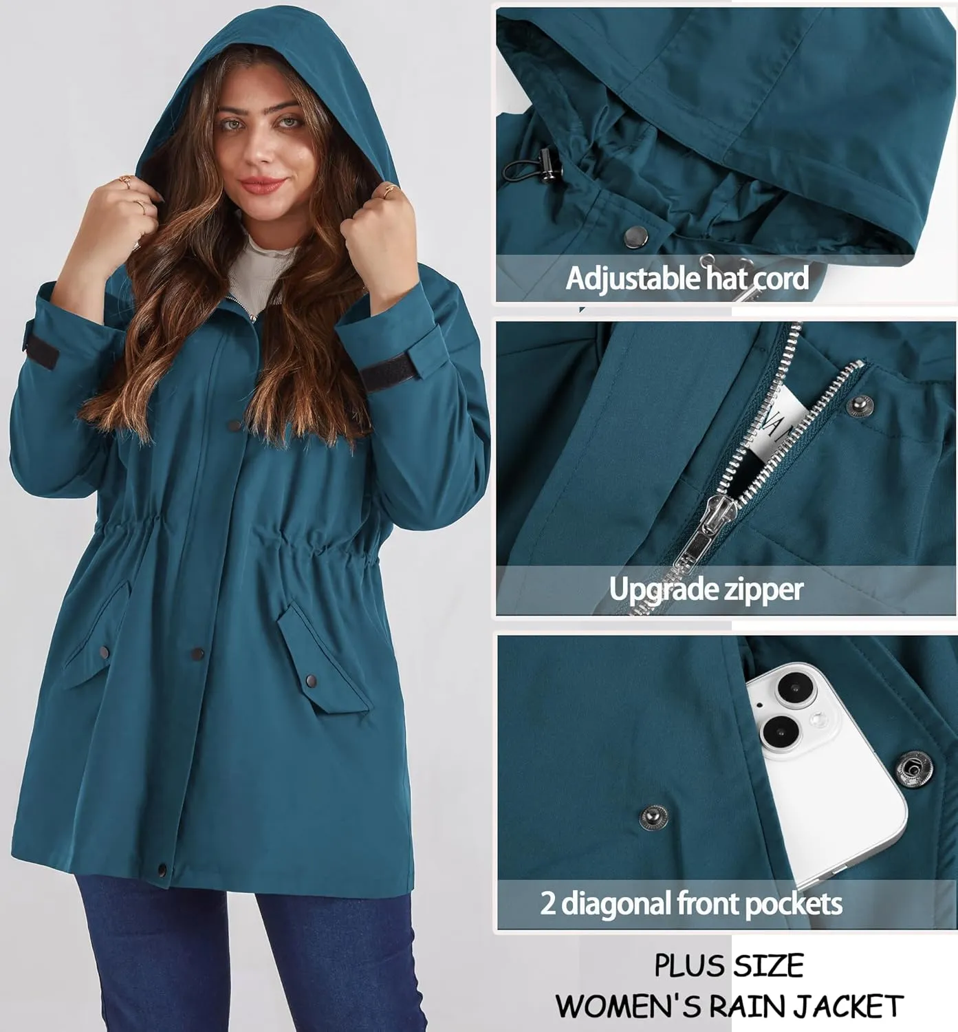 Hanna Nikole Women's Plus Size Waterproof Raincoat Lightweight Windbreaker Hooded Jacket with Pockets