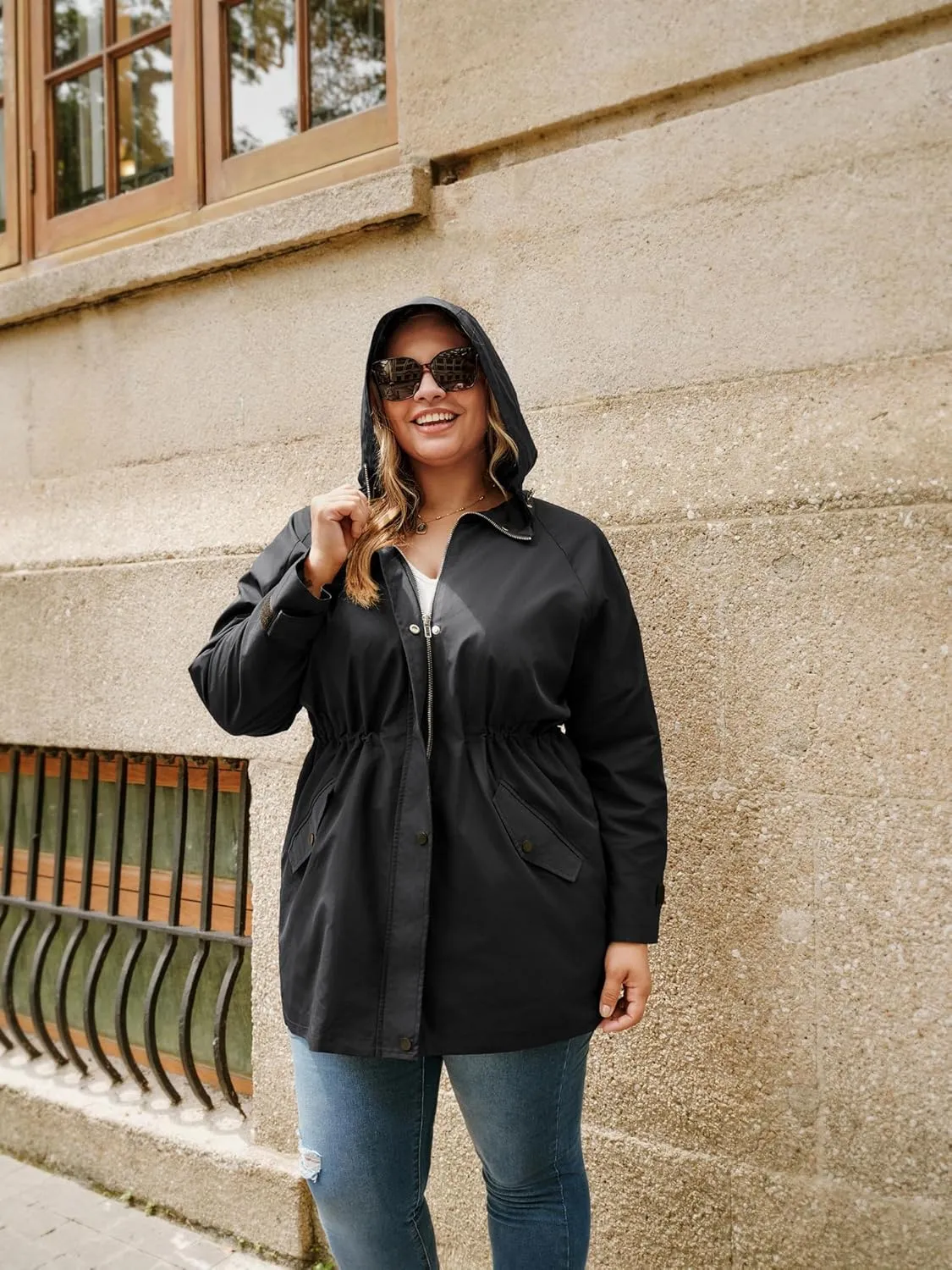 Hanna Nikole Women's Plus Size Waterproof Raincoat Lightweight Windbreaker Hooded Jacket with Pockets