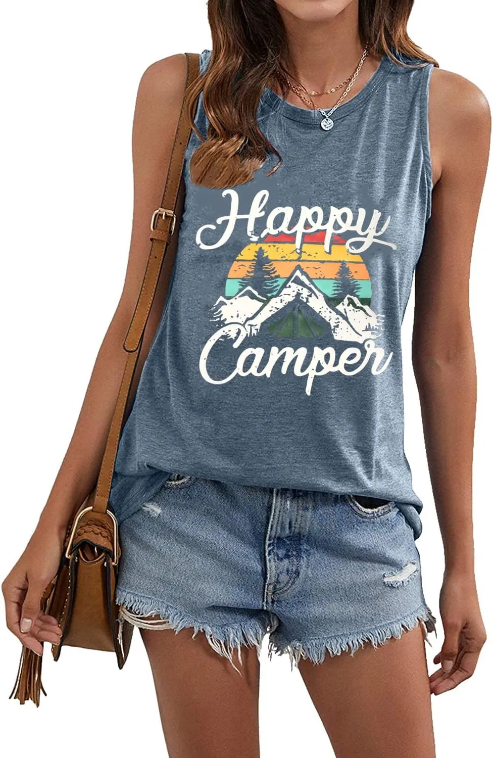 Happy Camp T-Shirt Women Hiking Mountain Adventure Novelty Workout Funny Saying Cute Graphic Athletic Shirt