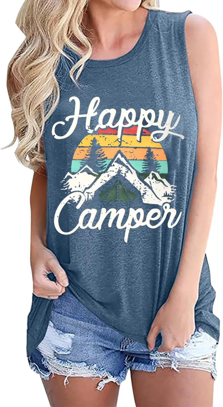 Happy Camp T-Shirt Women Hiking Mountain Adventure Novelty Workout Funny Saying Cute Graphic Athletic Shirt