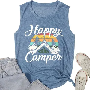 Happy Camp T-Shirt Women Hiking Mountain Adventure Novelty Workout Funny Saying Cute Graphic Athletic Shirt