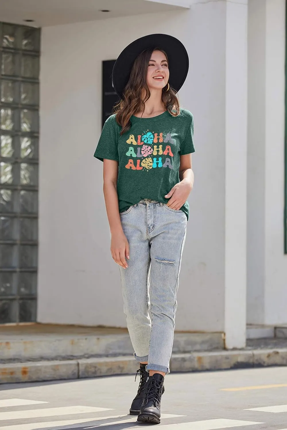 Hawaiian Shirts Women Aloha Graphic Beach T-Shirt Funny Leaves Print Short Sleeve Family Vacation Shirt