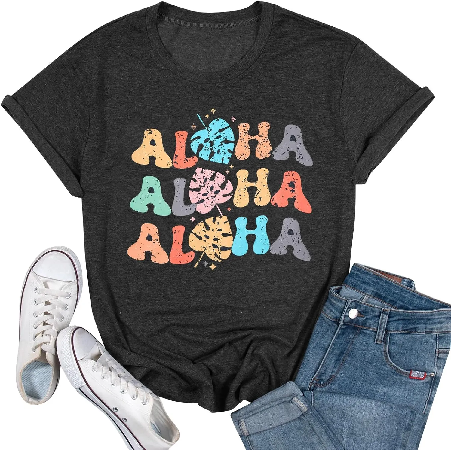 Hawaiian Shirts Women Aloha Graphic Beach T-Shirt Funny Leaves Print Short Sleeve Family Vacation Shirt