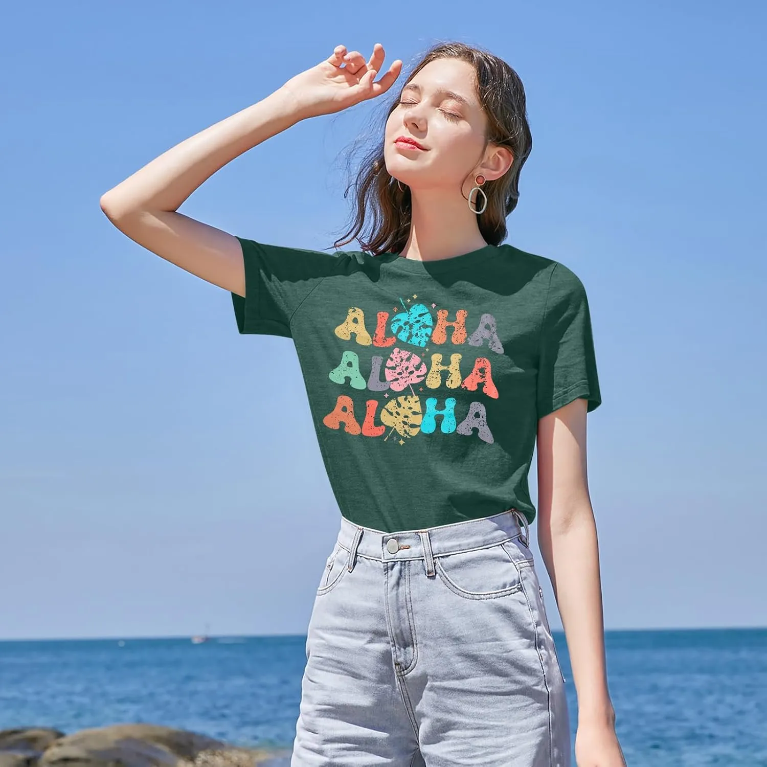 Hawaiian Shirts Women Aloha Graphic Beach T-Shirt Funny Leaves Print Short Sleeve Family Vacation Shirt