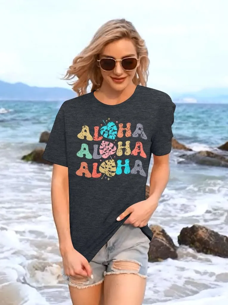 Hawaiian Shirts Women Aloha Graphic Beach T-Shirt Funny Leaves Print Short Sleeve Family Vacation Shirt