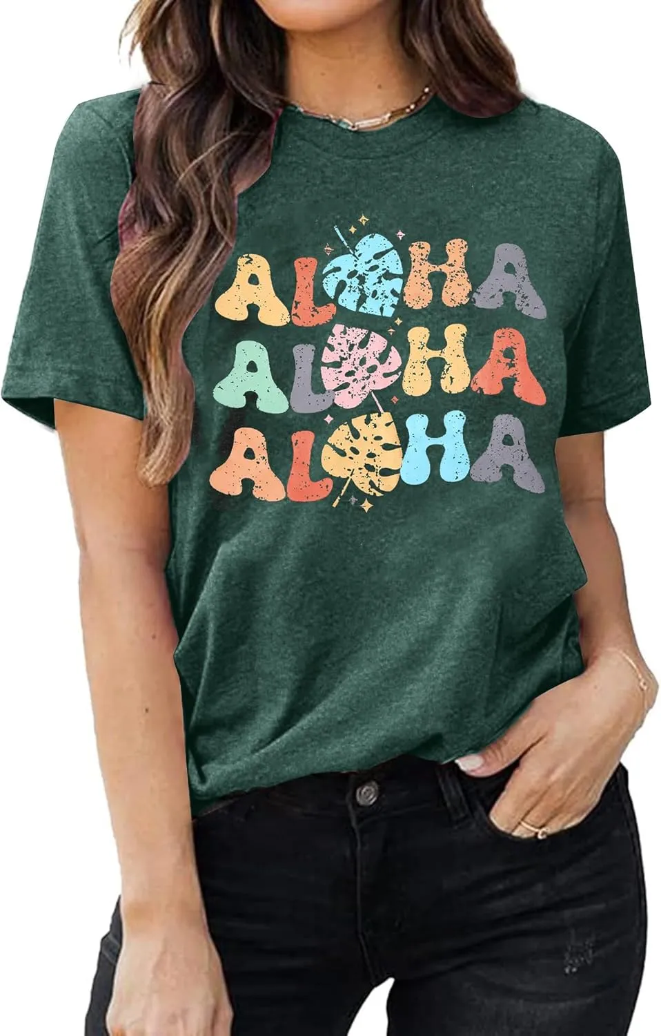 Hawaiian Shirts Women Aloha Graphic Beach T-Shirt Funny Leaves Print Short Sleeve Family Vacation Shirt
