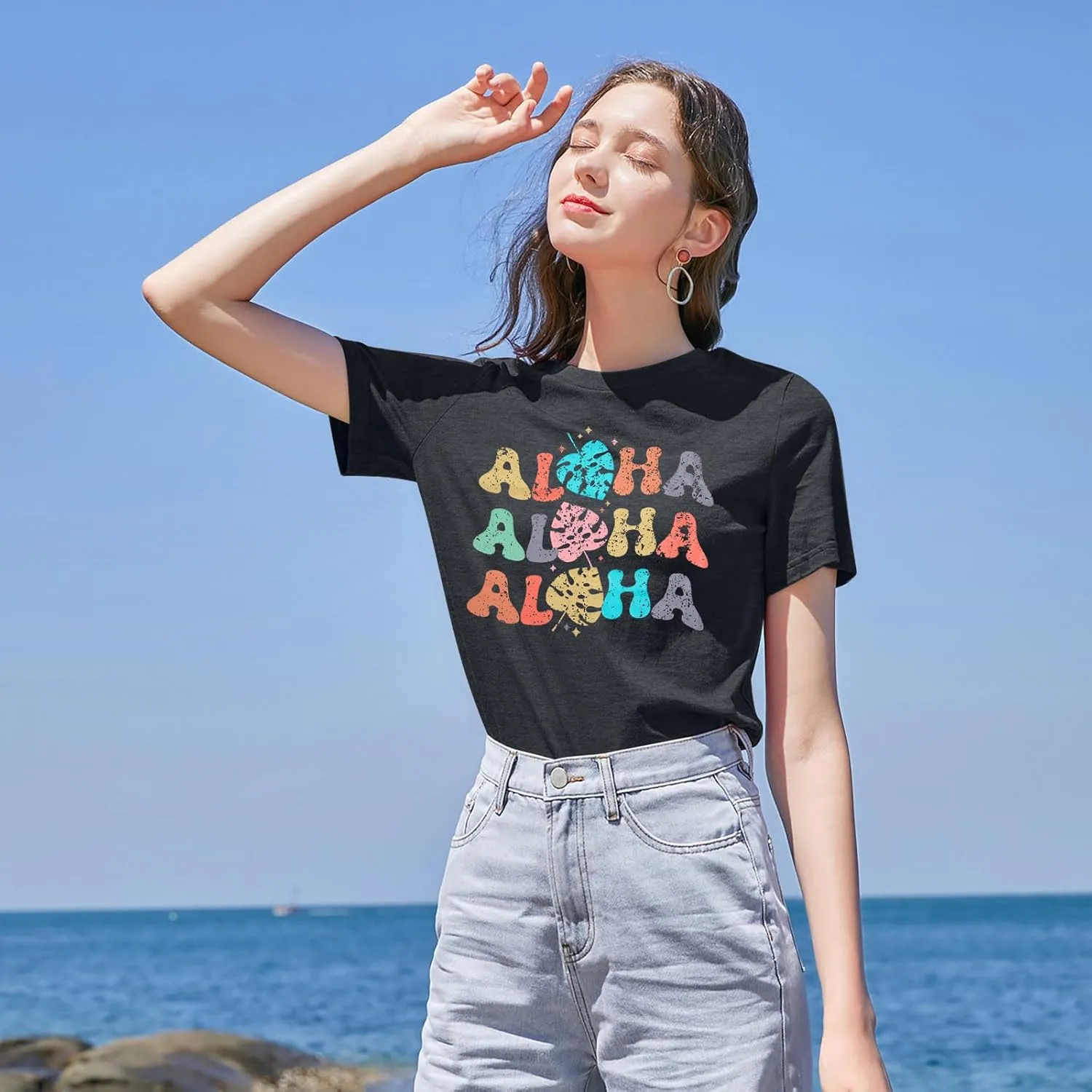 Hawaiian Shirts Women Aloha Graphic Beach T-Shirt Funny Leaves Print Short Sleeve Family Vacation Shirt