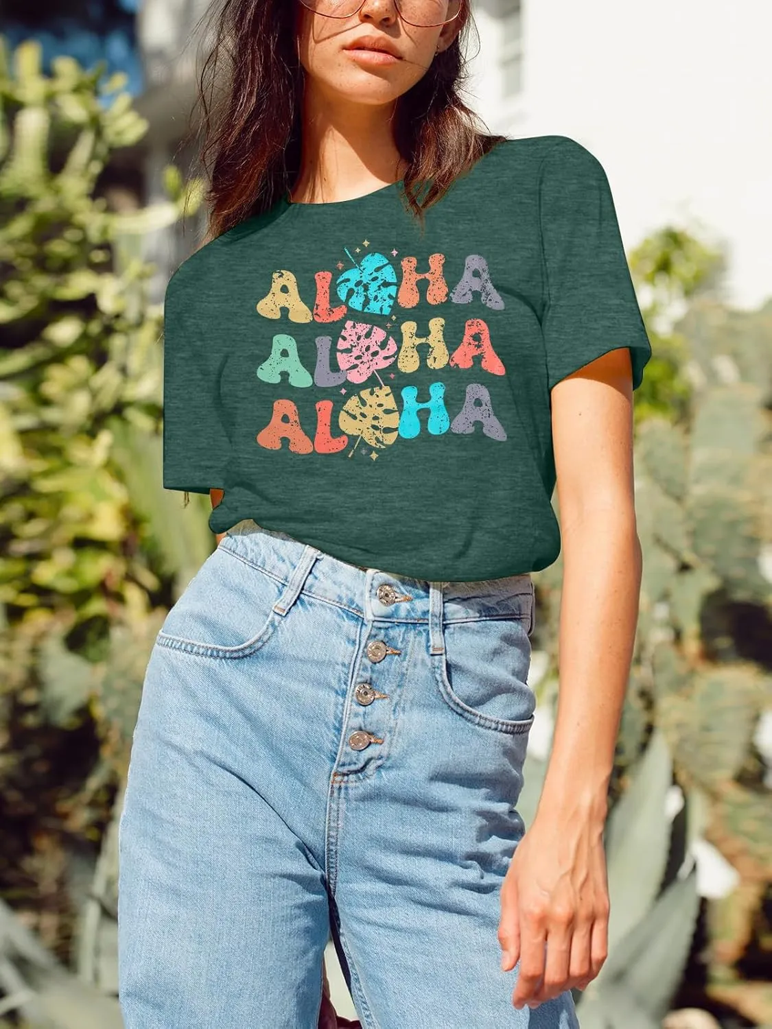 Hawaiian Shirts Women Aloha Graphic Beach T-Shirt Funny Leaves Print Short Sleeve Family Vacation Shirt