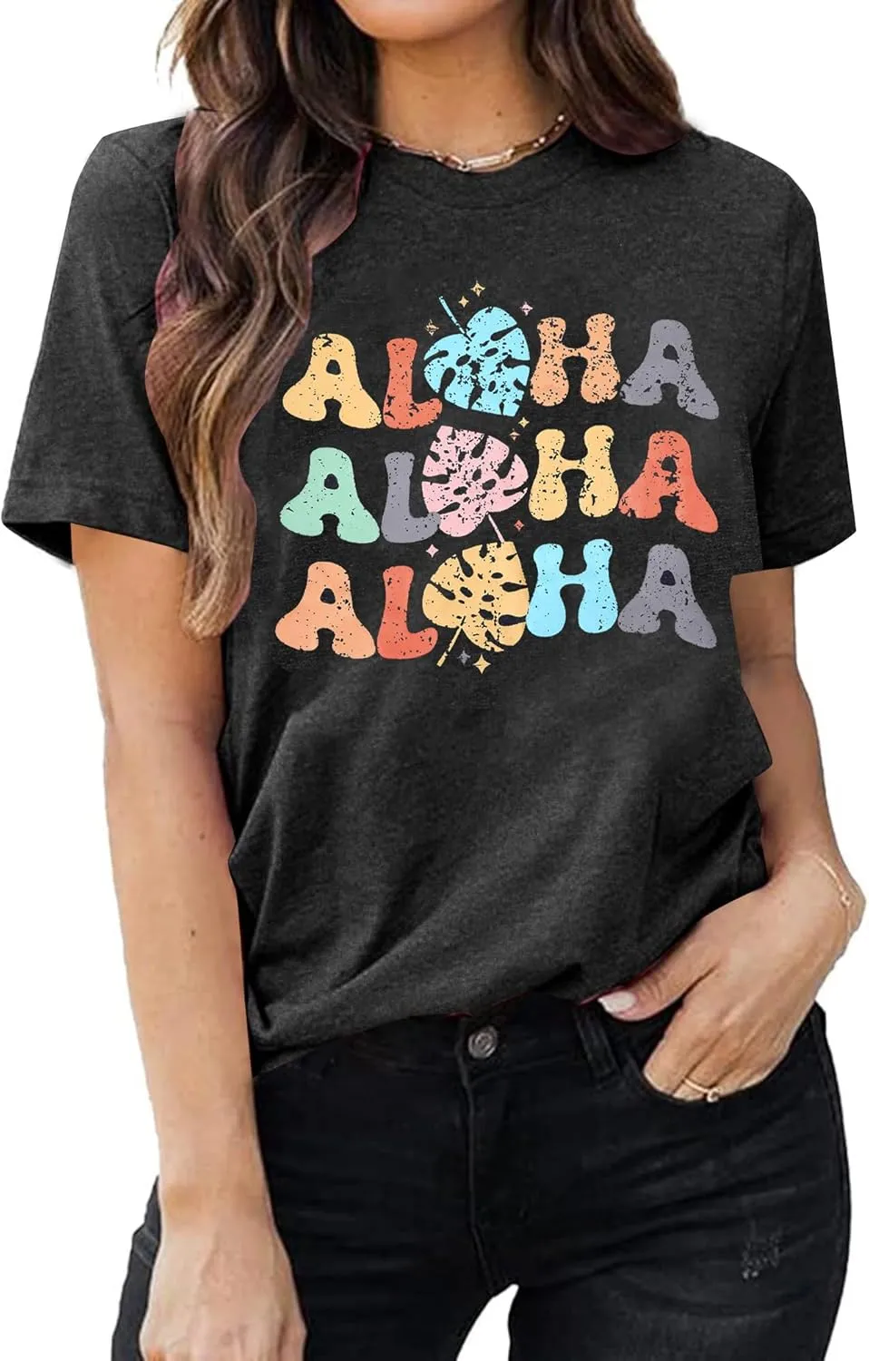 Hawaiian Shirts Women Aloha Graphic Beach T-Shirt Funny Leaves Print Short Sleeve Family Vacation Shirt
