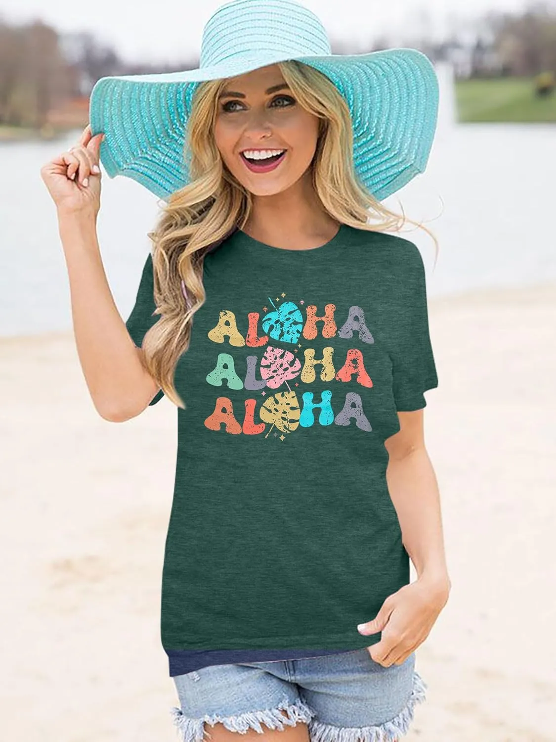 Hawaiian Shirts Women Aloha Graphic Beach T-Shirt Funny Leaves Print Short Sleeve Family Vacation Shirt