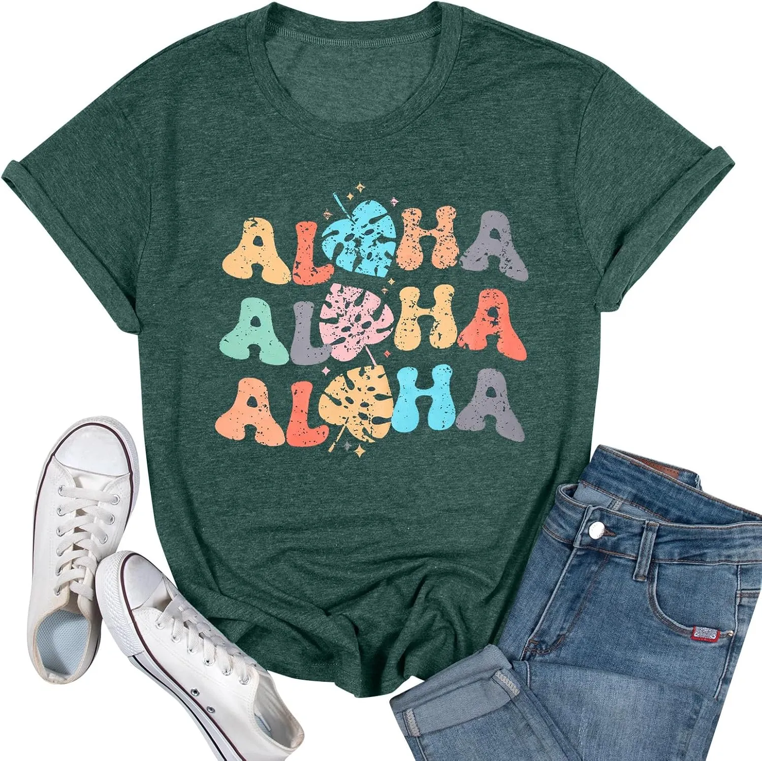 Hawaiian Shirts Women Aloha Graphic Beach T-Shirt Funny Leaves Print Short Sleeve Family Vacation Shirt