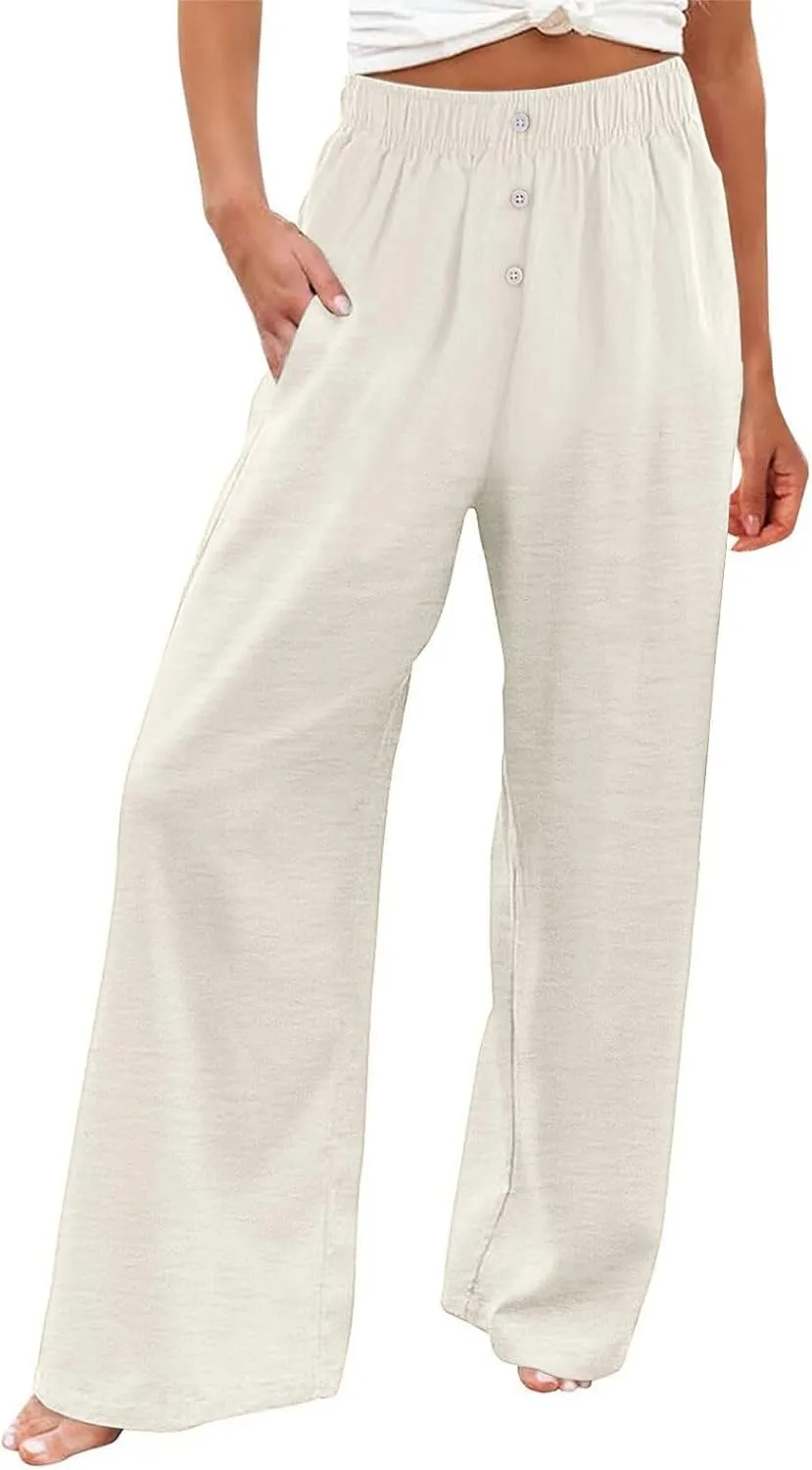 High Waisted Linen Pants Women Summer Casual Flowy Boho Beach Pants Lightweight Comfy Loose Linen Trousers w/Pockets