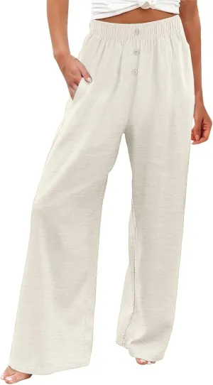 High Waisted Linen Pants Women Summer Casual Flowy Boho Beach Pants Lightweight Comfy Loose Linen Trousers w/Pockets