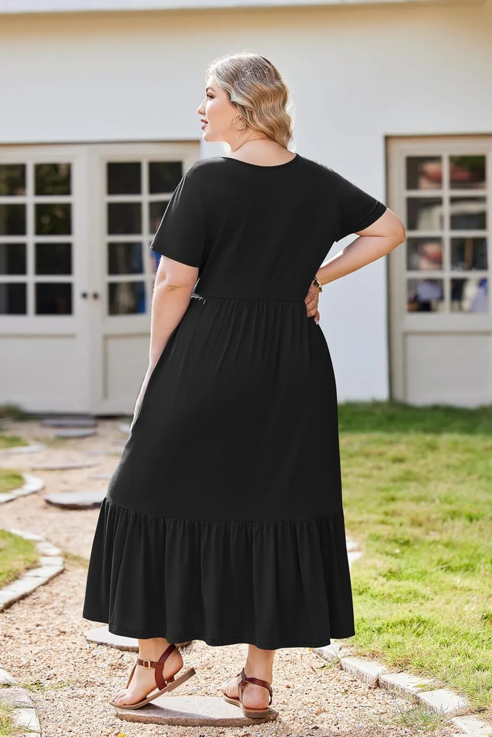 IN'VOLAND Women Plus Size Short Sleeve Dress Loose Plain Casual Summer Flowy Tiered Long Maxi Dresses with Pockets