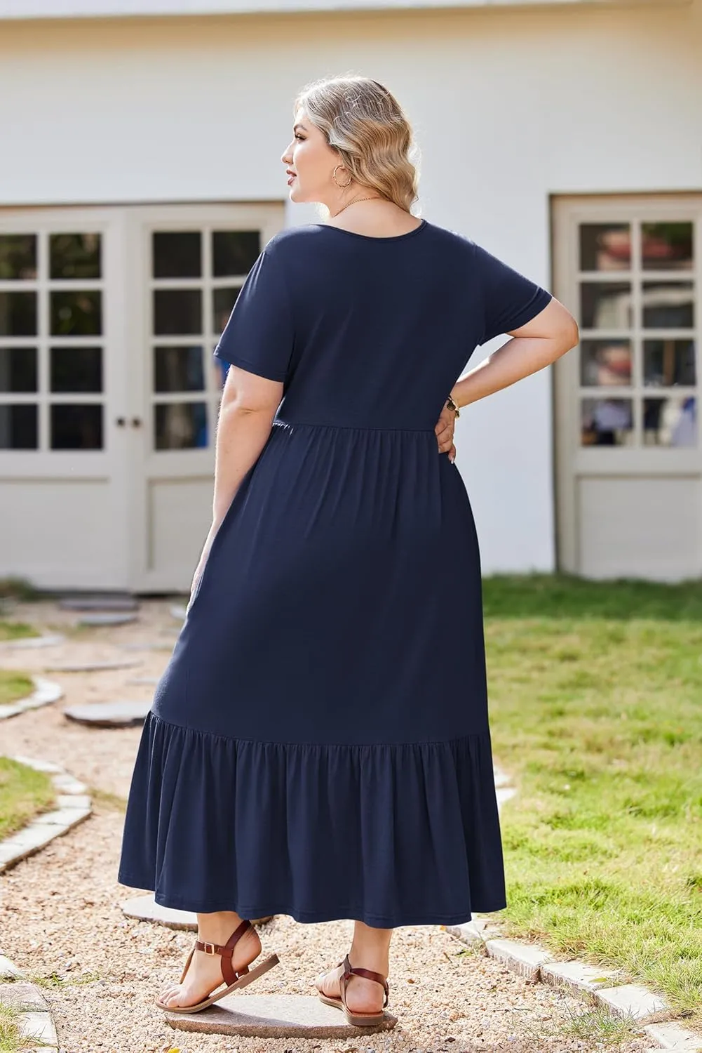IN'VOLAND Women Plus Size Short Sleeve Dress Loose Plain Casual Summer Flowy Tiered Long Maxi Dresses with Pockets