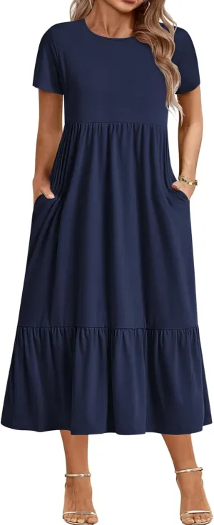 IN'VOLAND Women Plus Size Short Sleeve Dress Loose Plain Casual Summer Flowy Tiered Long Maxi Dresses with Pockets