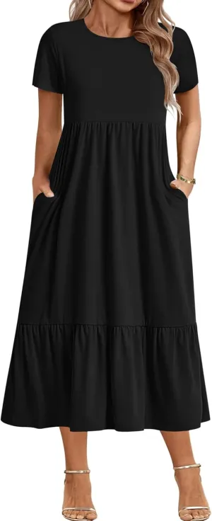 IN'VOLAND Women Plus Size Short Sleeve Dress Loose Plain Casual Summer Flowy Tiered Long Maxi Dresses with Pockets