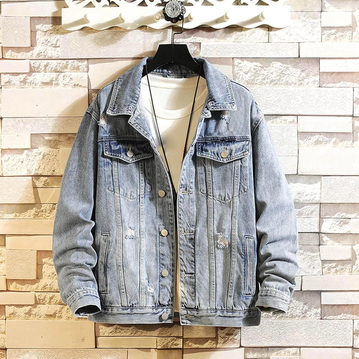 Jean Jacket for Men Fashion Denim Jacket Washed Classic Casual Distressed Ripped Slim Fit Trucker Jackets