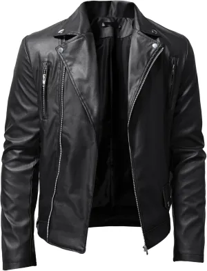 JEKE-DG Faux Leather Jacket For Men Stand Collar Bomber Jackets Motorcycle Asymmetric Zip-Up Blet Slim Fit Biker Coat