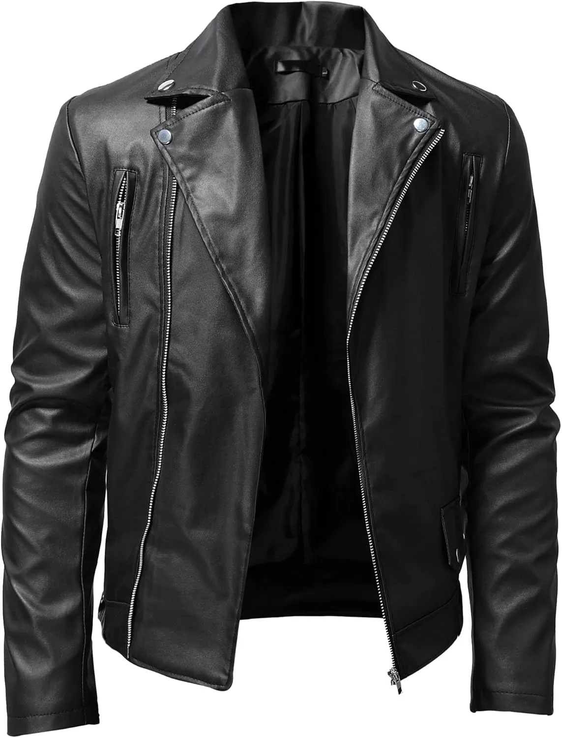 JEKE-DG Faux Leather Jacket For Men Stand Collar Bomber Jackets Motorcycle Asymmetric Zip-Up Blet Slim Fit Biker Coat