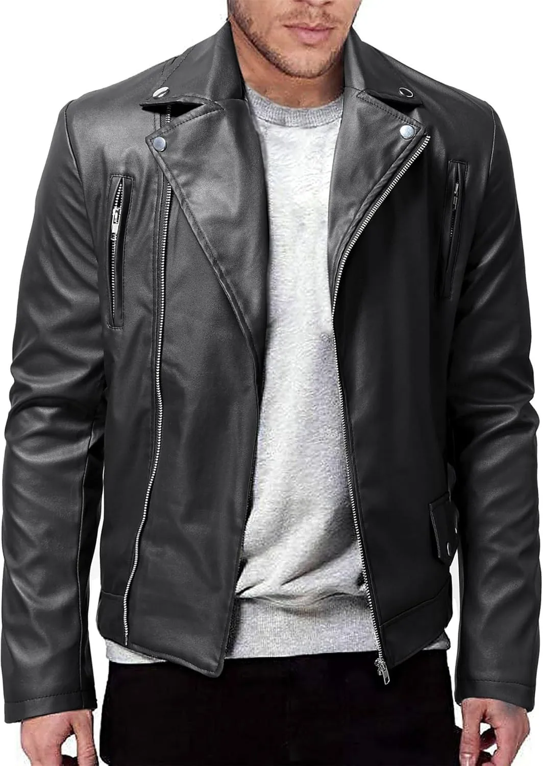 JEKE-DG Faux Leather Jacket For Men Stand Collar Bomber Jackets Motorcycle Asymmetric Zip-Up Blet Slim Fit Biker Coat