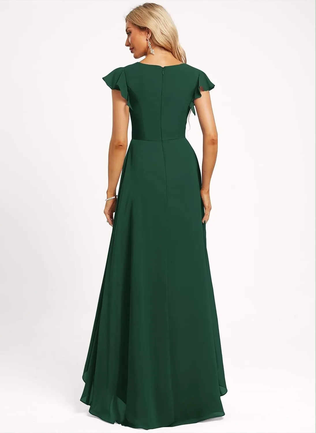Jingguo'er Women's V Neck Bridesmaid Dresses for Wedding Ruffle Sleeve Chiffon Formal Dress Long A Line Evening Gown