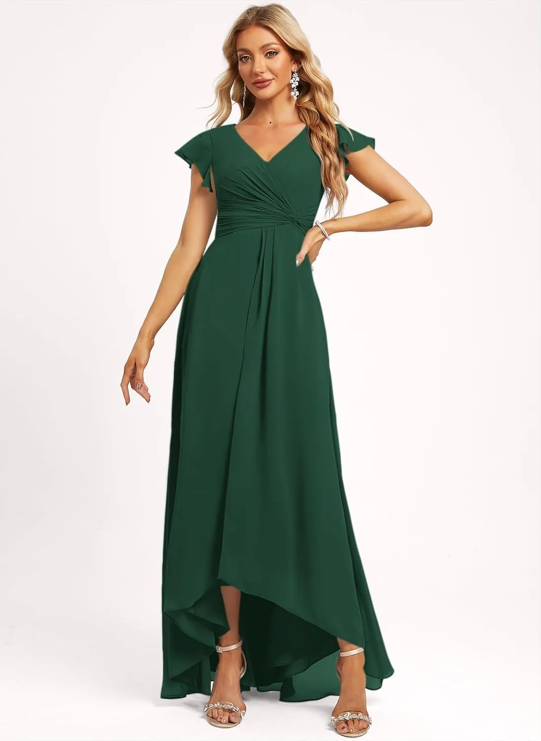 Jingguo'er Women's V Neck Bridesmaid Dresses for Wedding Ruffle Sleeve Chiffon Formal Dress Long A Line Evening Gown