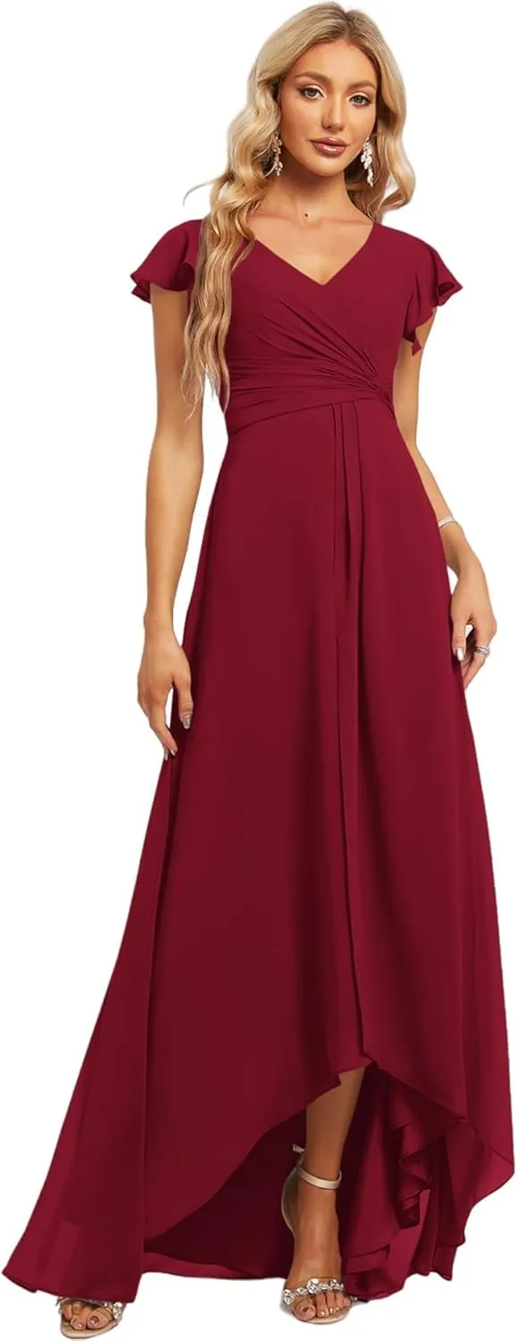 Jingguo'er Women's V Neck Bridesmaid Dresses for Wedding Ruffle Sleeve Chiffon Formal Dress Long A Line Evening Gown