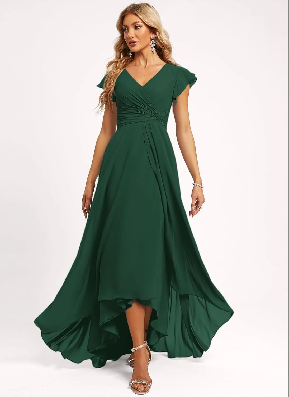 Jingguo'er Women's V Neck Bridesmaid Dresses for Wedding Ruffle Sleeve Chiffon Formal Dress Long A Line Evening Gown