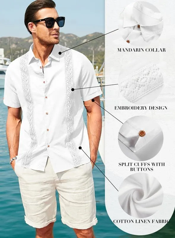 JMIERR Mens Cotton Linen Guayabera Shirts Casual Button Up Short Sleeve Summer Beach Shirt