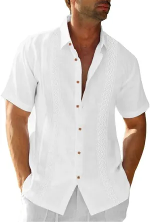 JMIERR Mens Cotton Linen Guayabera Shirts Casual Button Up Short Sleeve Summer Beach Shirt