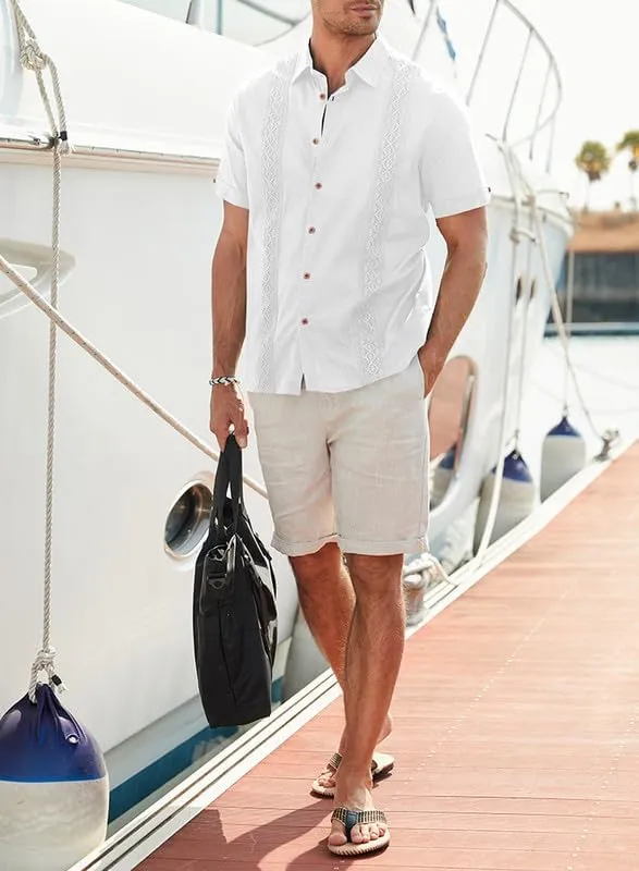 JMIERR Mens Cotton Linen Guayabera Shirts Casual Button Up Short Sleeve Summer Beach Shirt