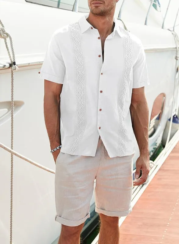 JMIERR Mens Cotton Linen Guayabera Shirts Casual Button Up Short Sleeve Summer Beach Shirt