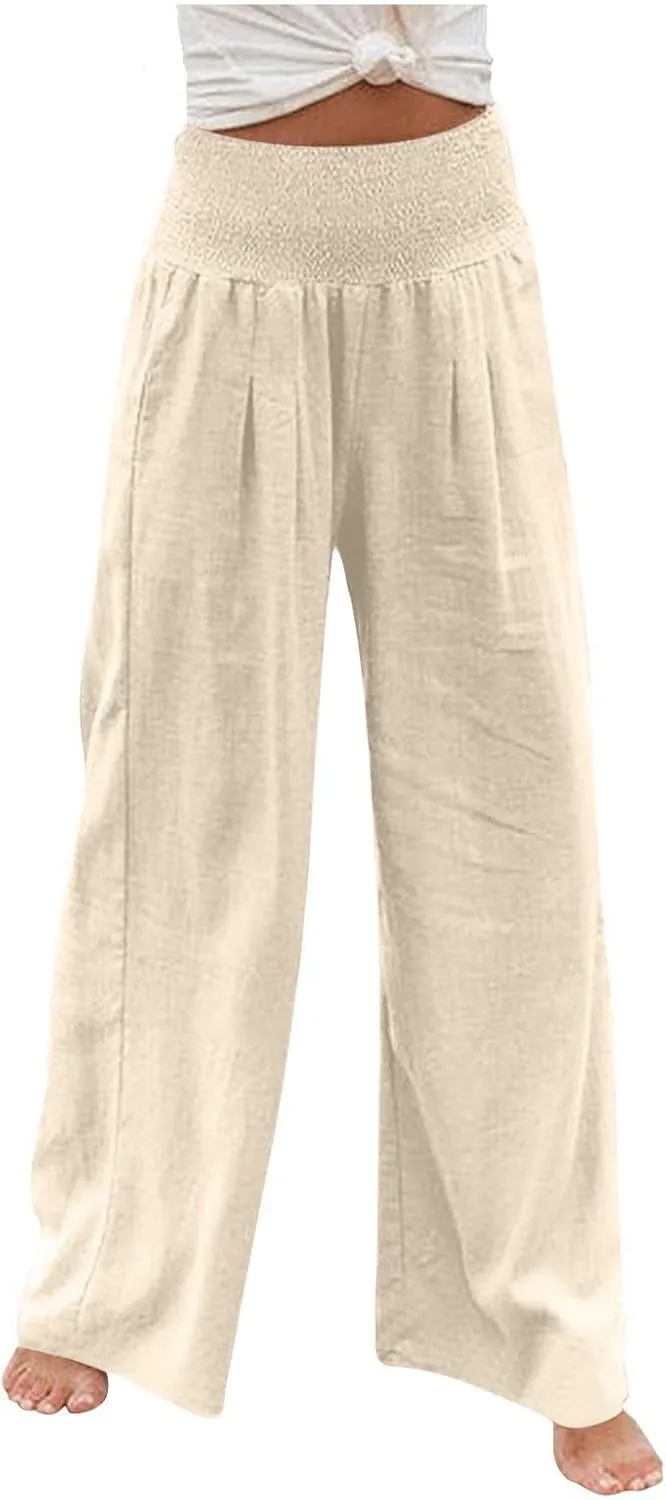 jsaierl Women Linen Wide Leg Pants Casual Summer Palazzo Pants Loose Flowy Beach Pants Vacation Travel Trousers with Pockets