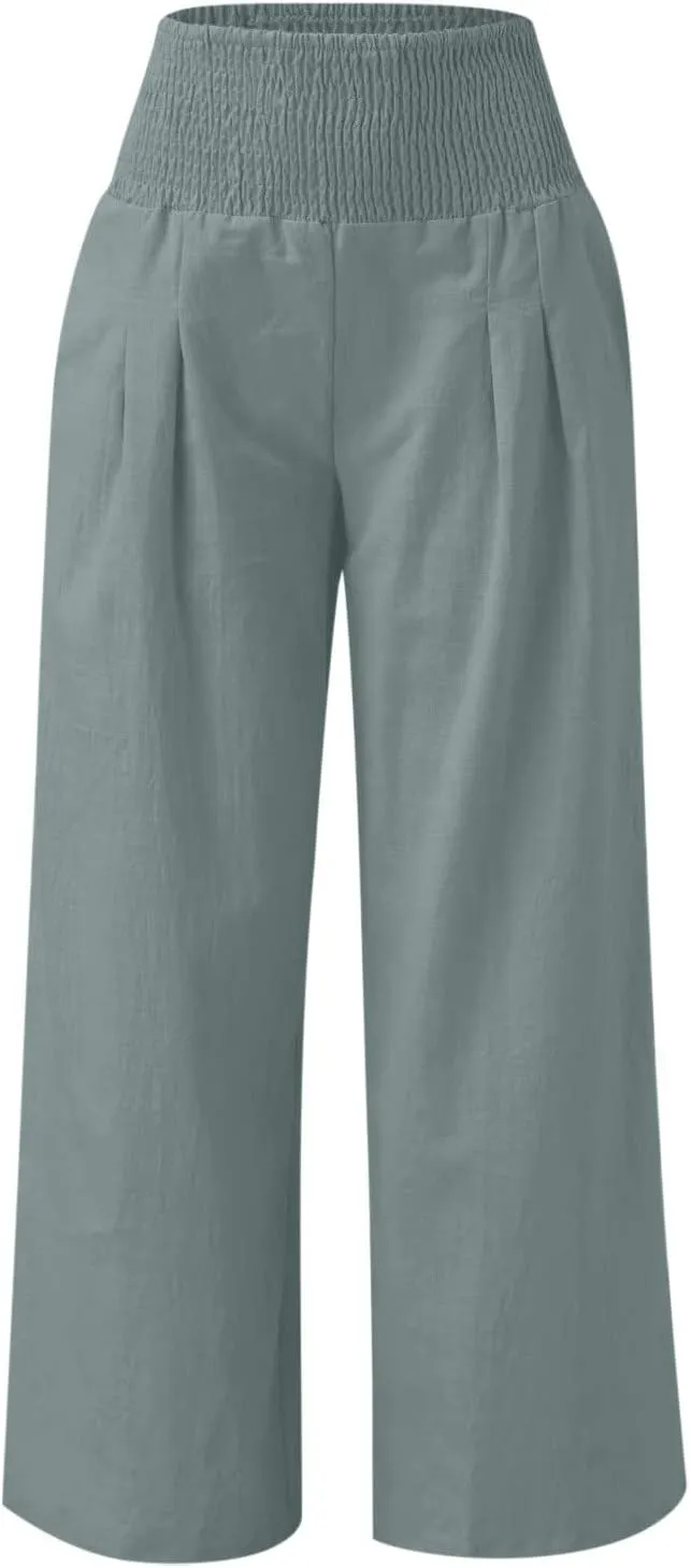 jsaierl Women Linen Wide Leg Pants Casual Summer Palazzo Pants Loose Flowy Beach Pants Vacation Travel Trousers with Pockets