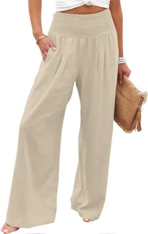 jsaierl Women Linen Wide Leg Pants Casual Summer Palazzo Pants Loose Flowy Beach Pants Vacation Travel Trousers with Pockets