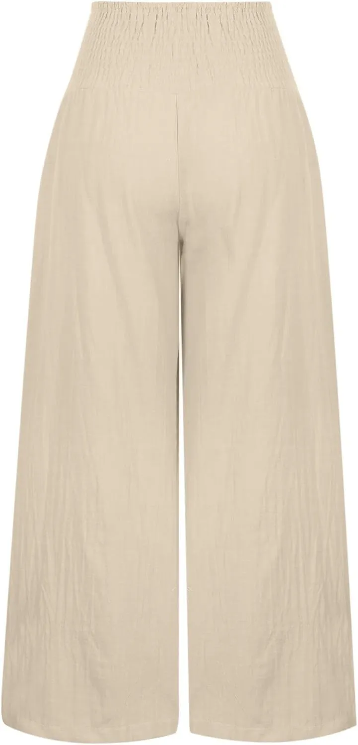jsaierl Women Linen Wide Leg Pants Casual Summer Palazzo Pants Loose Flowy Beach Pants Vacation Travel Trousers with Pockets