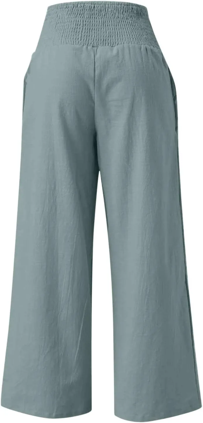 jsaierl Women Linen Wide Leg Pants Casual Summer Palazzo Pants Loose Flowy Beach Pants Vacation Travel Trousers with Pockets
