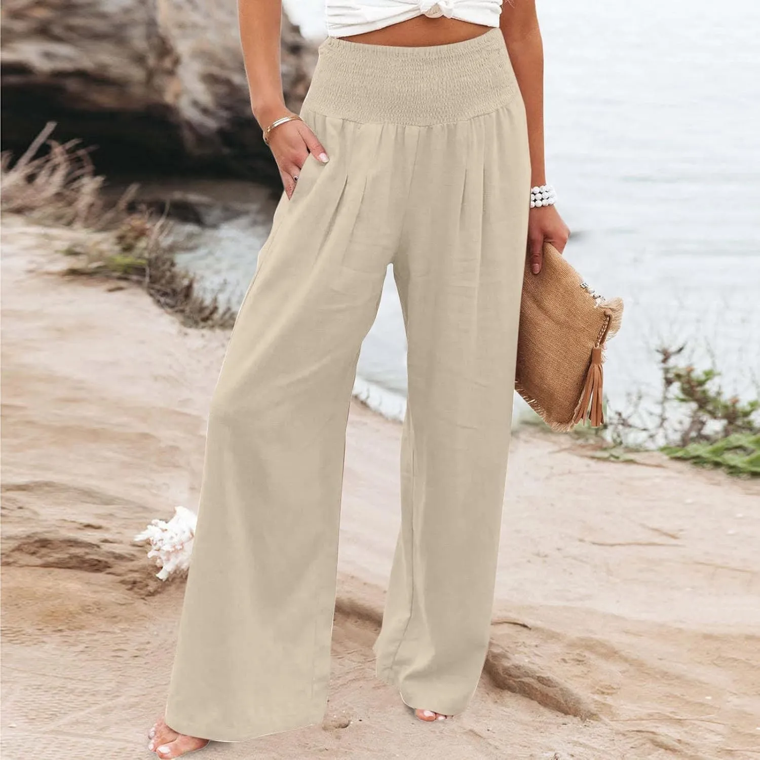 jsaierl Women Linen Wide Leg Pants Casual Summer Palazzo Pants Loose Flowy Beach Pants Vacation Travel Trousers with Pockets