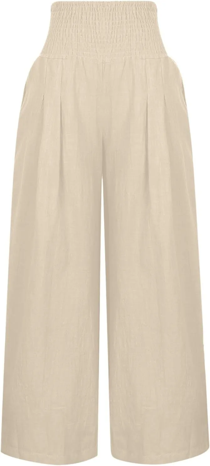 jsaierl Women Linen Wide Leg Pants Casual Summer Palazzo Pants Loose Flowy Beach Pants Vacation Travel Trousers with Pockets