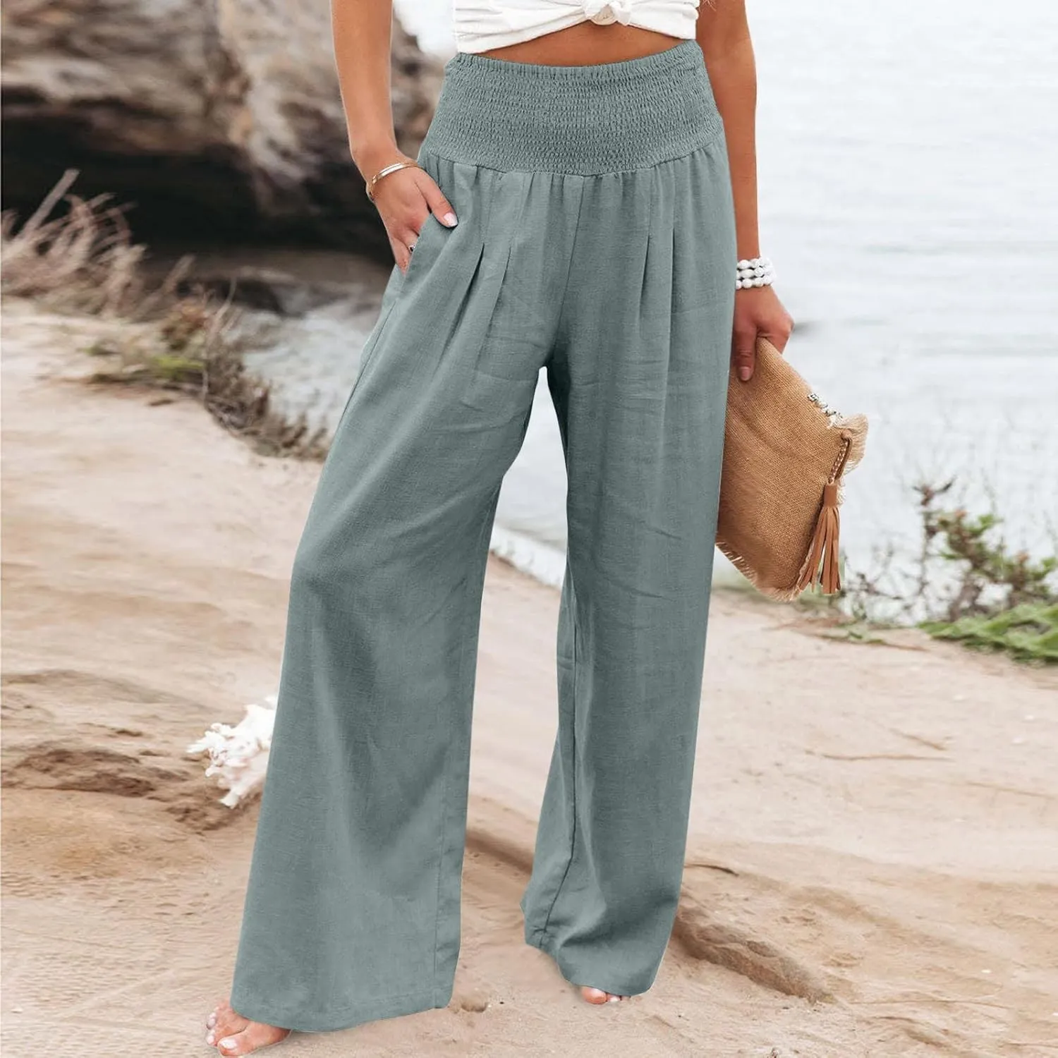 jsaierl Women Linen Wide Leg Pants Casual Summer Palazzo Pants Loose Flowy Beach Pants Vacation Travel Trousers with Pockets