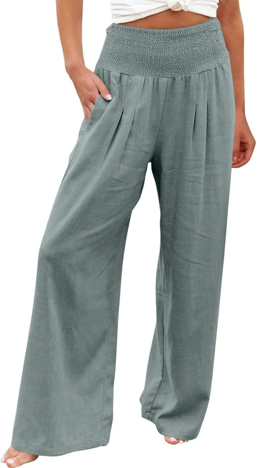 jsaierl Women Linen Wide Leg Pants Casual Summer Palazzo Pants Loose Flowy Beach Pants Vacation Travel Trousers with Pockets