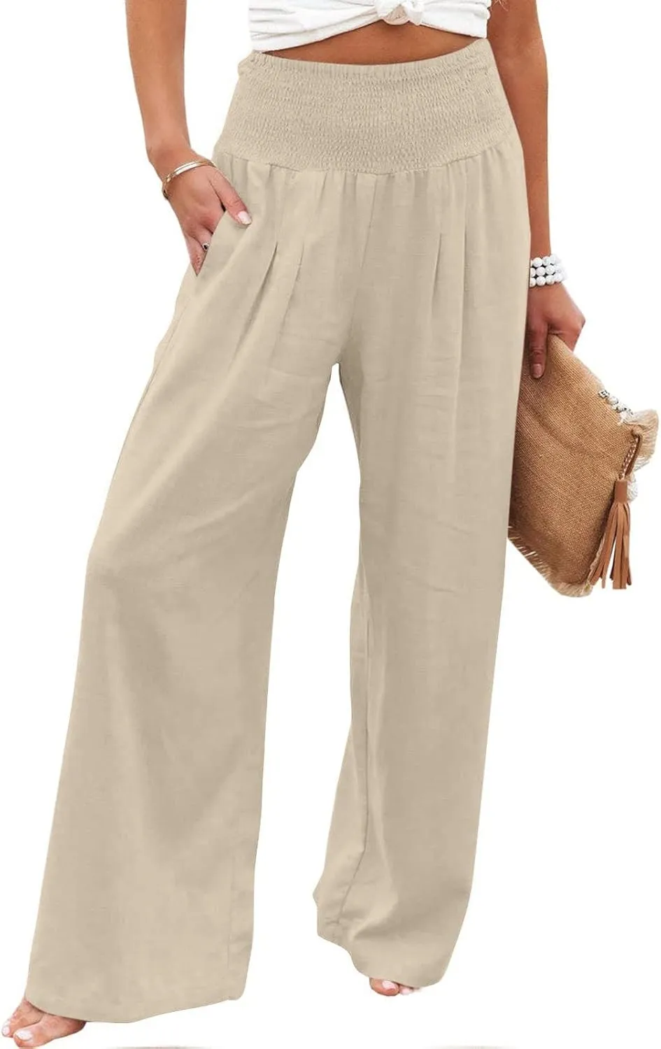 jsaierl Women Linen Wide Leg Pants Casual Summer Palazzo Pants Loose Flowy Beach Pants Vacation Travel Trousers with Pockets