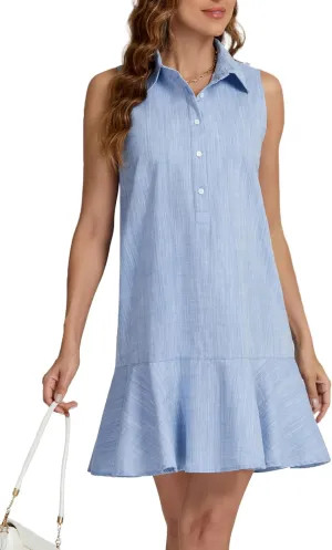 Kedera Women's Tunic Shirt Mini Dress Cotton Linen Shirt Dress Button Up Ruffle Hem Shift Dresses