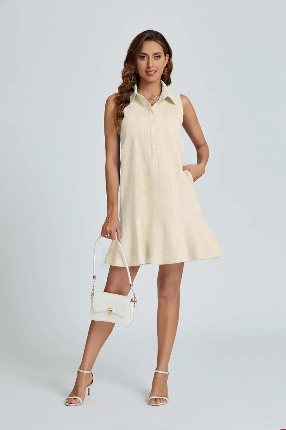 Kedera Women's Tunic Shirt Mini Dress Cotton Linen Shirt Dress Button Up Ruffle Hem Shift Dresses