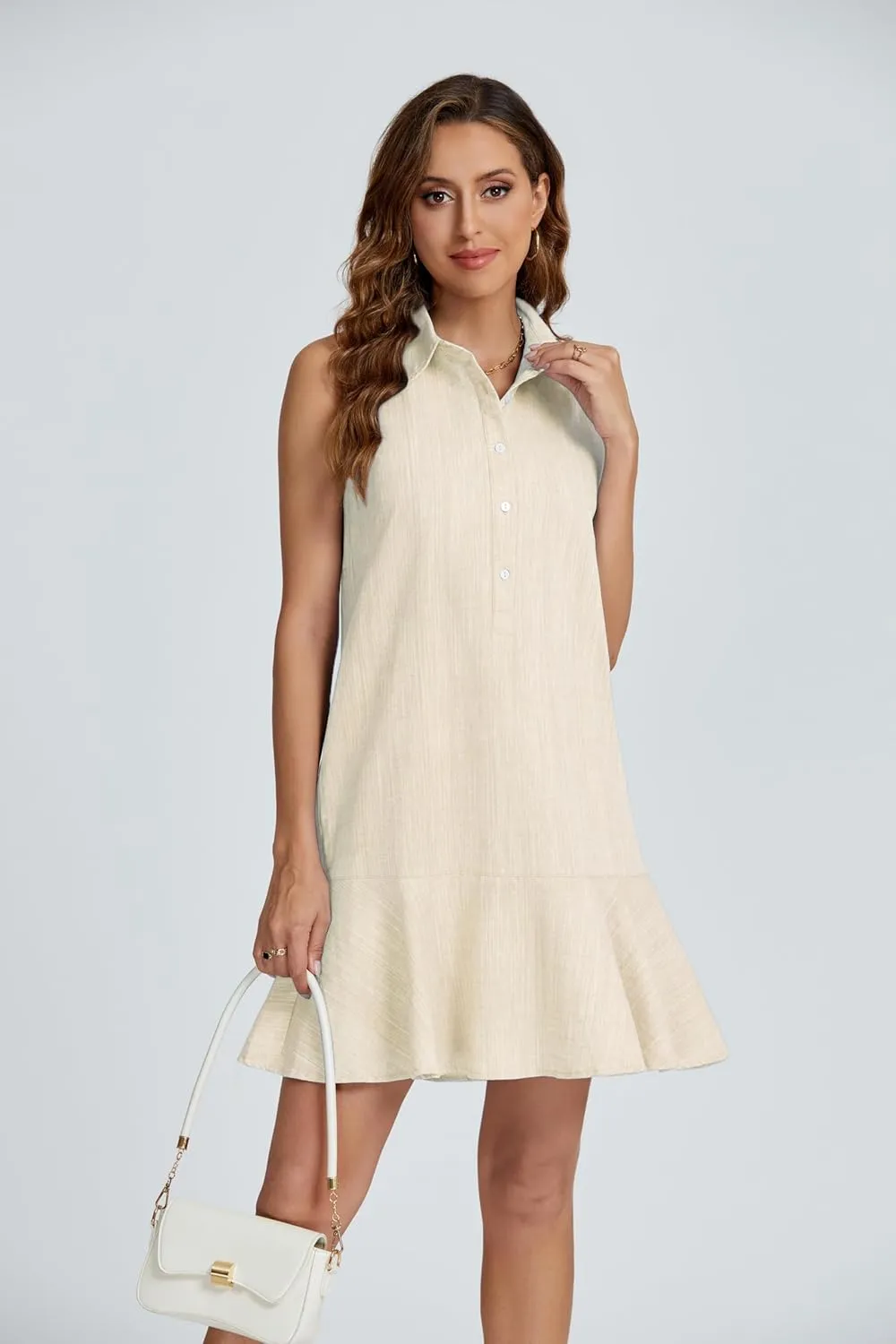 Kedera Women's Tunic Shirt Mini Dress Cotton Linen Shirt Dress Button Up Ruffle Hem Shift Dresses