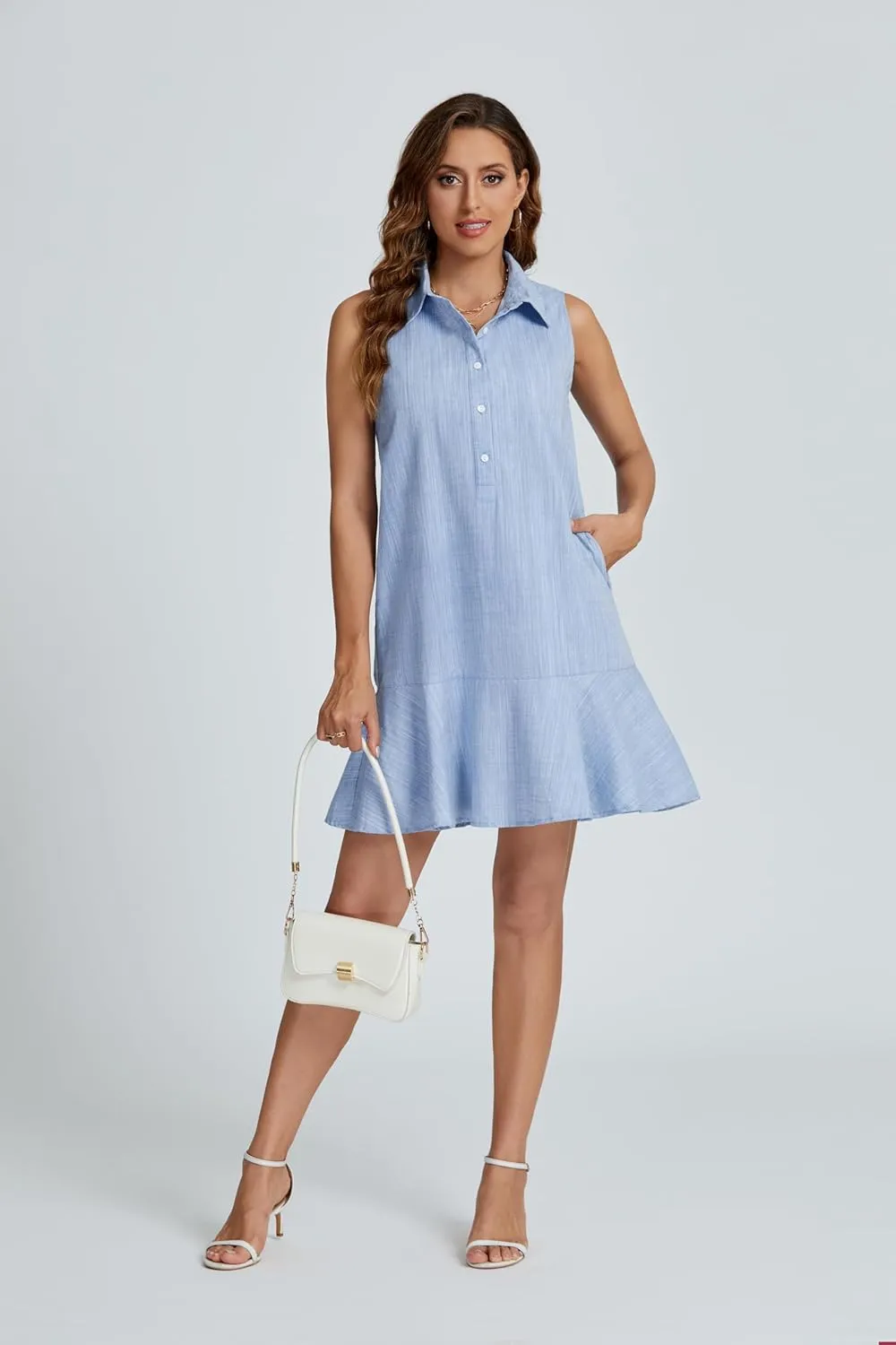 Kedera Women's Tunic Shirt Mini Dress Cotton Linen Shirt Dress Button Up Ruffle Hem Shift Dresses